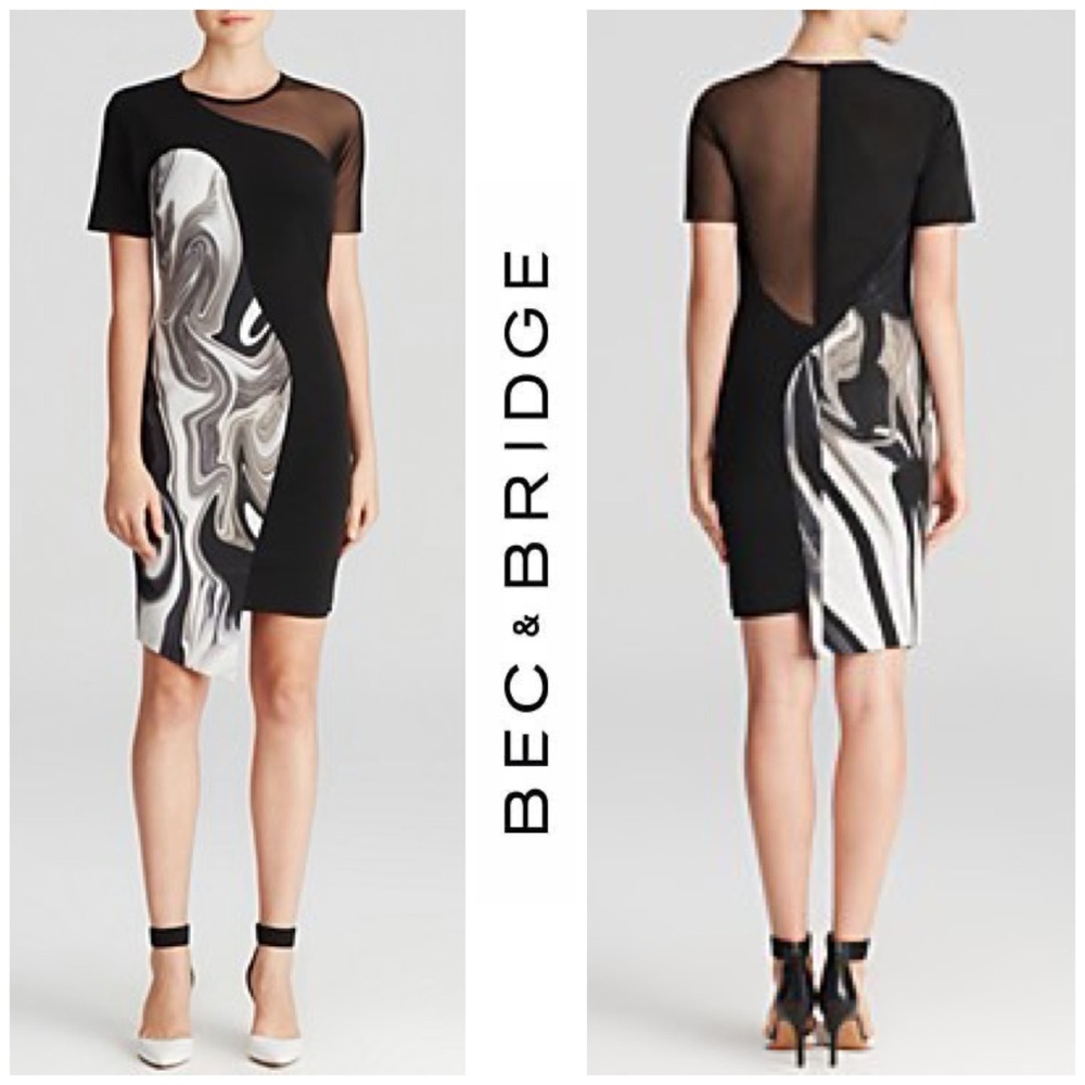 NWT Bec & Bridge Oil Slick Neoprene Print Mesh Panel Asymmetrical Dress